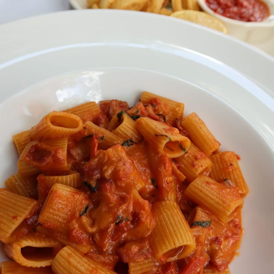 Rigatoni pasta tossed in tomato sauce with herbs, accompanied by fried calamari and marinara dipping sauce.