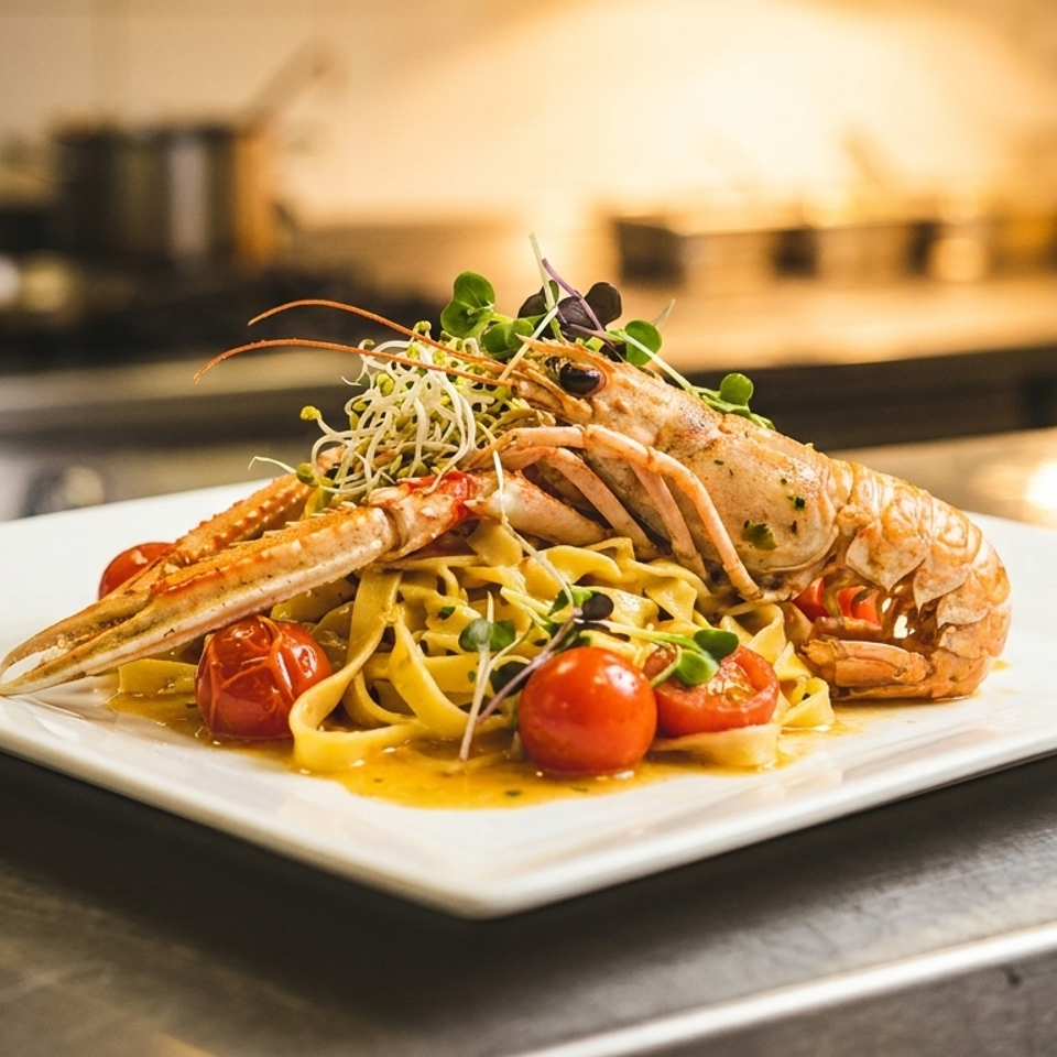 Lobster atop tagliatelle pasta with cherry tomatoes and microgreens, plated in a warmly lit restaurant kitchen.