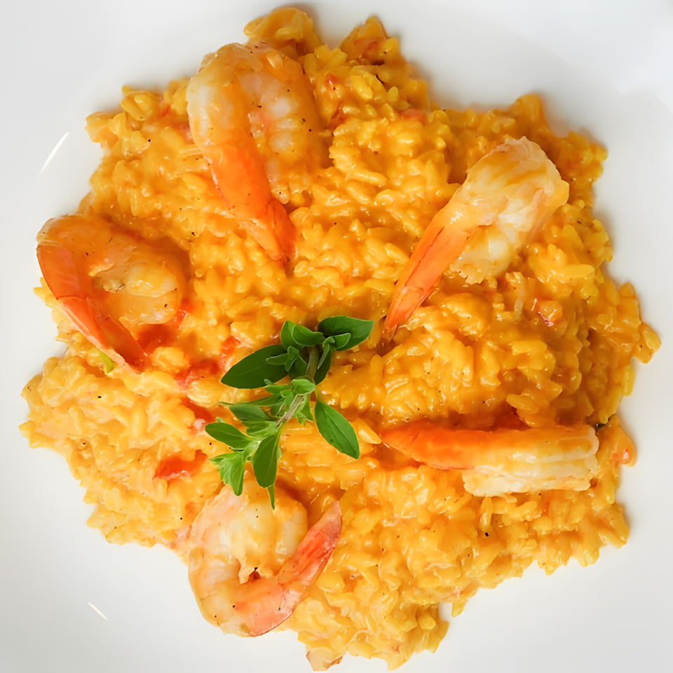 Creamy orange shrimp risotto garnished with fresh green herbs on a white plate.