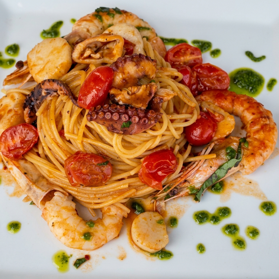 Seafood spaghetti topped with shrimp, octopus, scallops, mussels, cherry tomatoes, and green herb sauce on a white plate.