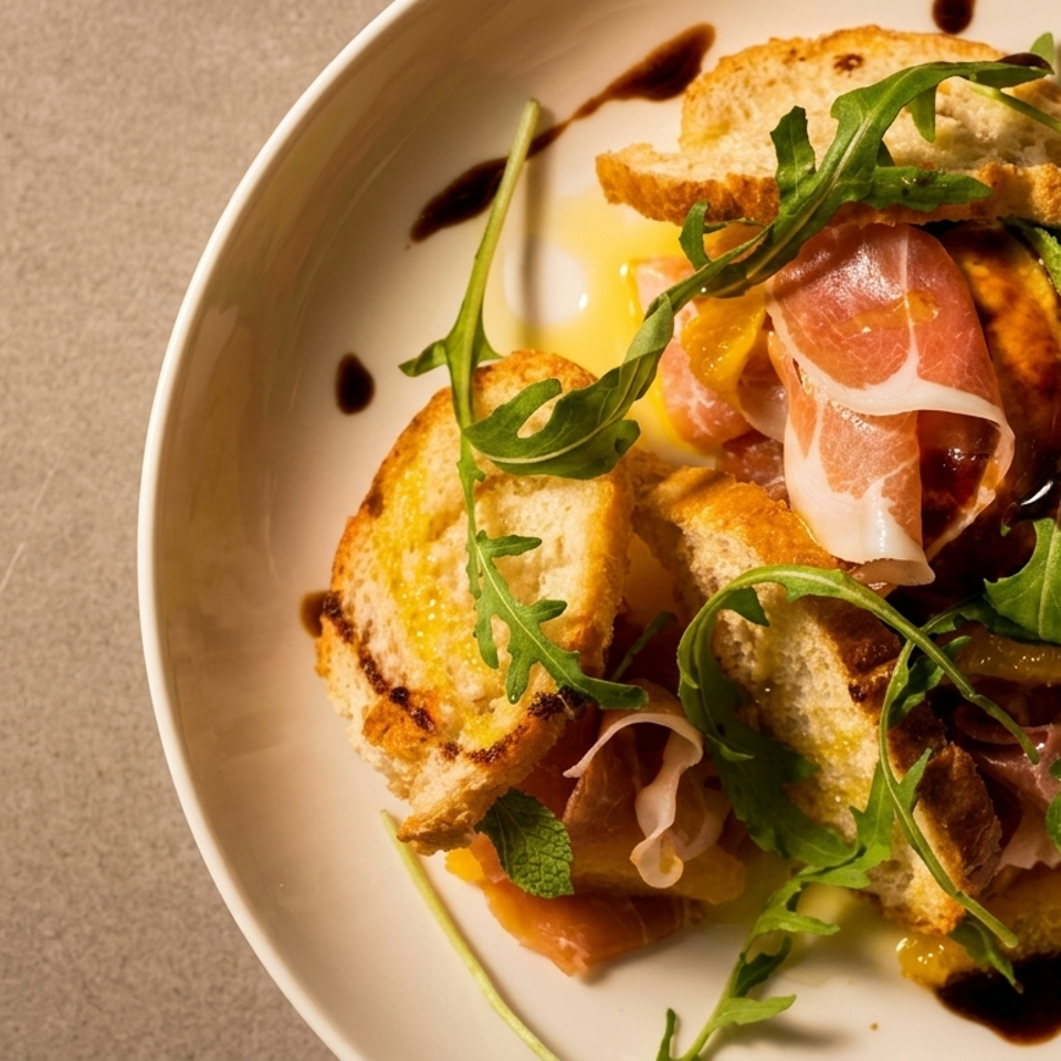 Gourmet salad with toasted bread, prosciutto, arugula, citrus segments, and balsamic glaze on a white plate.