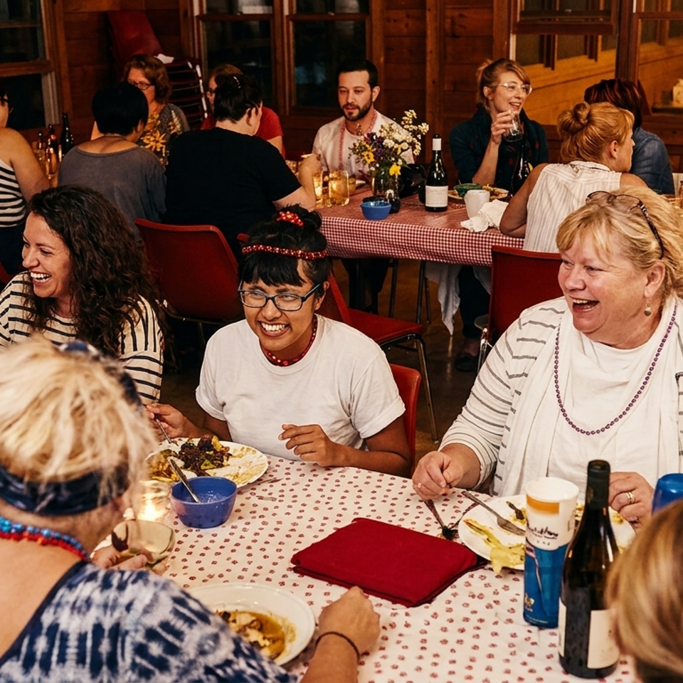 Lively communal restaurant dinner with diverse diners, shared plates, wine bottles, flowers, and red-checkered tables in a wood-paneled room.
