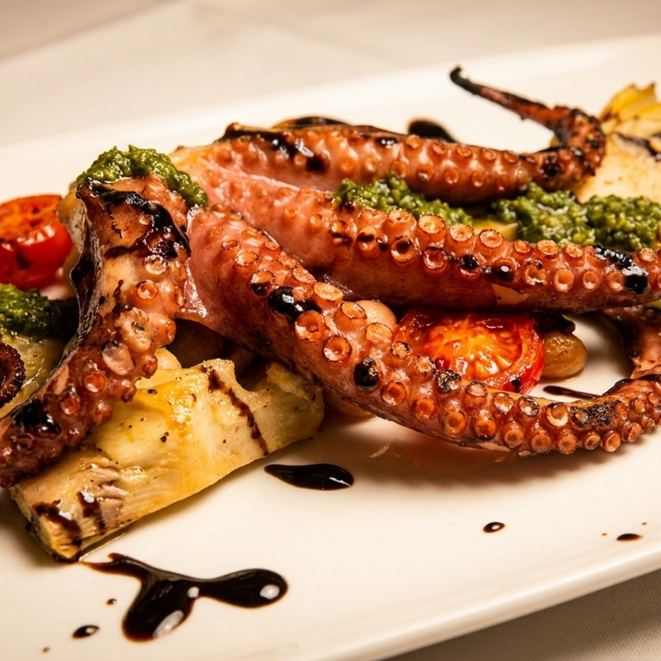 Grilled octopus tentacles served with roasted vegetables, green herb sauce, tomatoes, and balsamic glaze on a white plate.